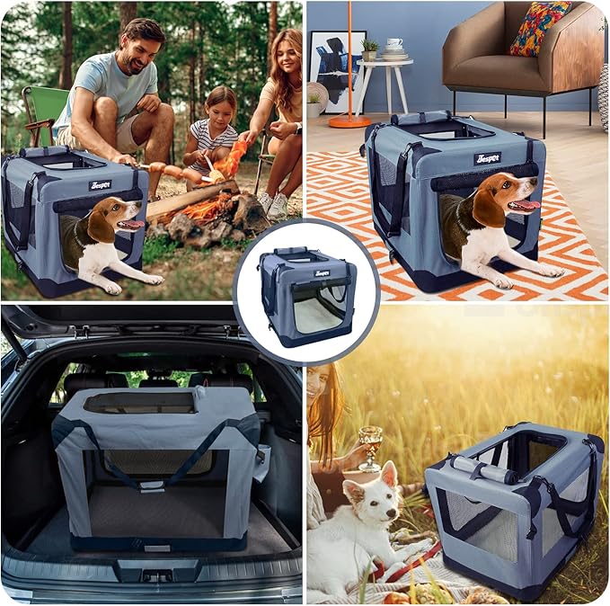 JESPET 27'' Soft Dog Crates Kennel for Pets, 3 Door Soft Sided Folding Travel Pet Carrier with Straps and Fleece Mat for Dogs, Cats, Rabbits, Grey Blue & Beige (27" L x 20" W x 20" H, Grey)