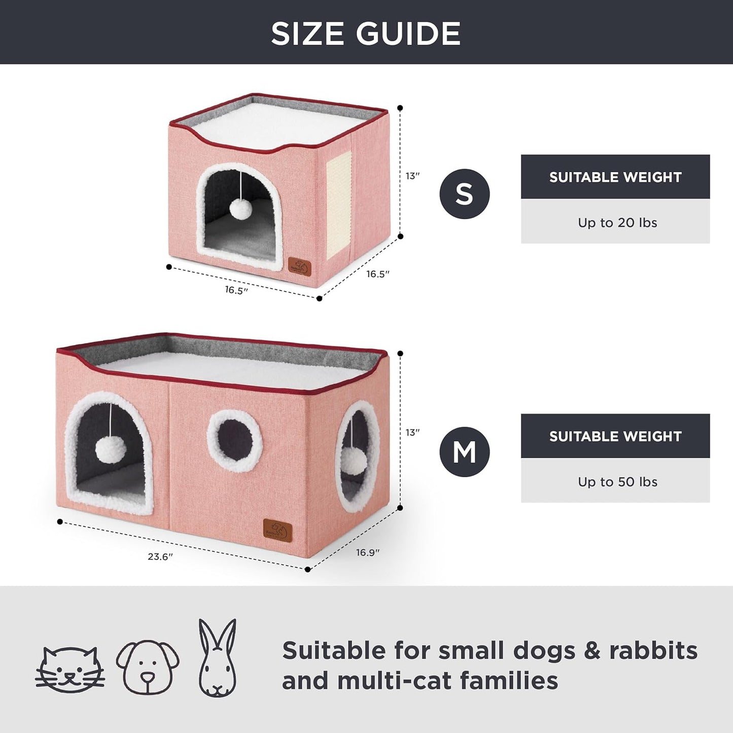 Bedsure Large Cat Beds for Indoor Cats - Extra Wide Cat Cube House for Small Pet with Fluffy Ball Hanging and Scratch Pad, Foldable Pet Cave Hideaway for Multiple Cats, 23.6x16.9x13 inches,Pink - Pet Explorer