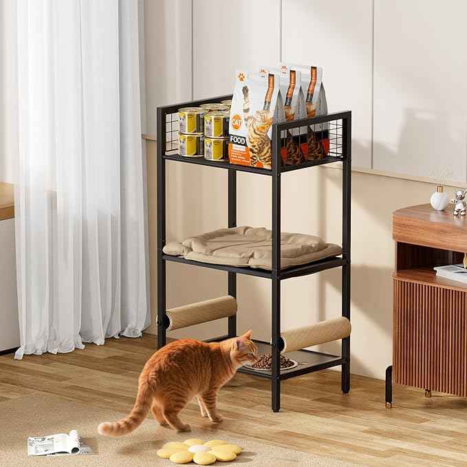 4in1 Cat Furniture Stand with Cat Scratching Post, Cat Food Bowls, Cats Bed Platform, Cats Food Storage Organizer, All in One Pet Furniture for Small Space (Black)