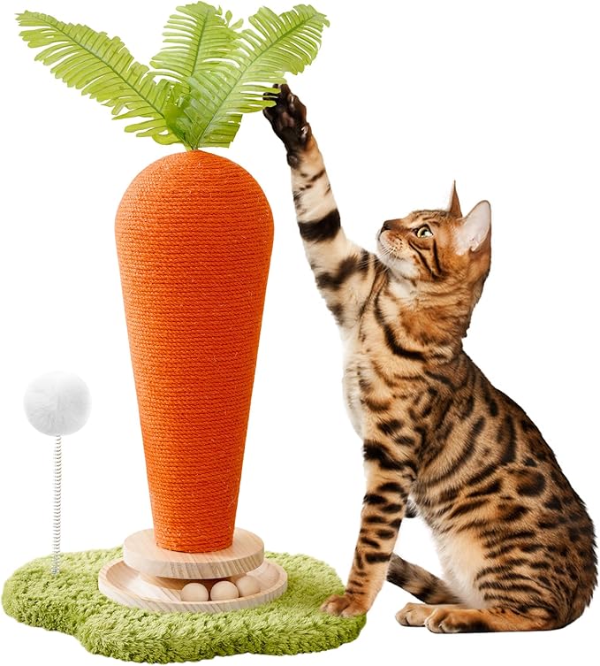 Cute Cat Scratching Post, Carrot Cat Scratcher Post with Durable Natural Wooden Turntable Toy and Catnip, 24'ā H Carrot Shape Design Sisal Cat Tree Sisal Scratcher for Indoor Cats (Cloud Base)