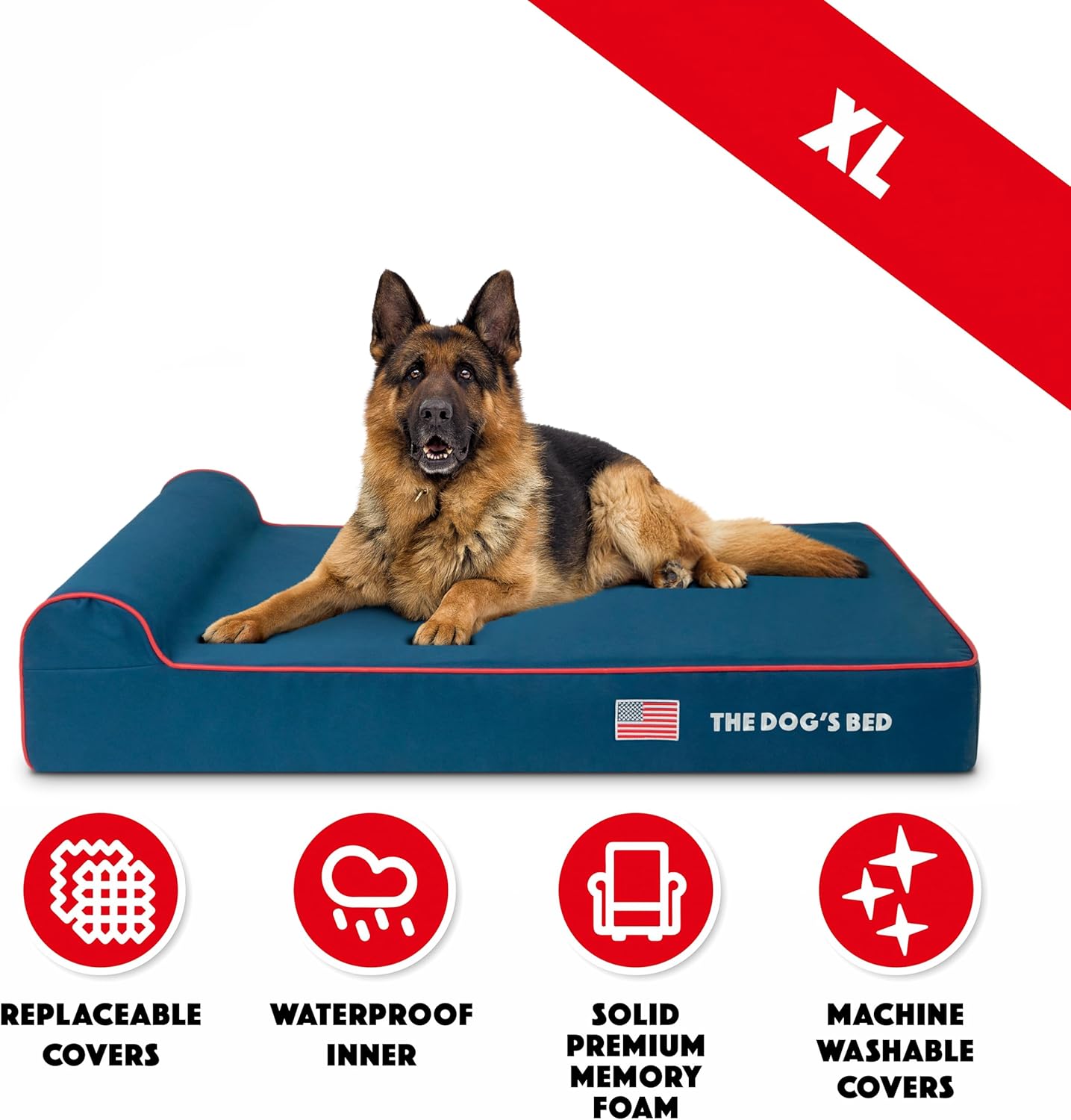 The Dog’s Bed Orthopedic Headrest Dog Bed XL Blue Oxford with Red Trim US Flag 46x28, Memory Foam, Hip & Elbow Dysplasia, Post Surgery, Lameness, Veterinary Approved, Waterproof Washable Cover - Pet Explorer