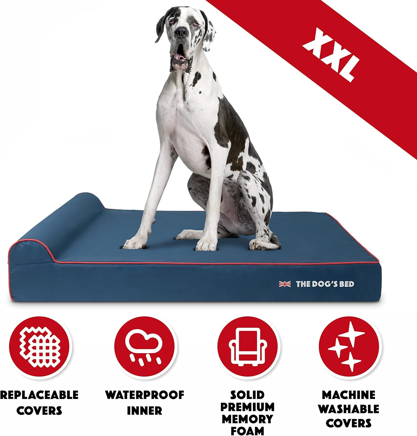 The Dog’s Bed Orthopedic Headrest Dog Bed XXL Blue Oxford with Red Trim UK Flag Dog Bed54x36, Memory Foam, Hip & Elbow Dysplasia, Post Surgery, Veterinary Approved, Waterproof Washable Cover - Pet Explorer