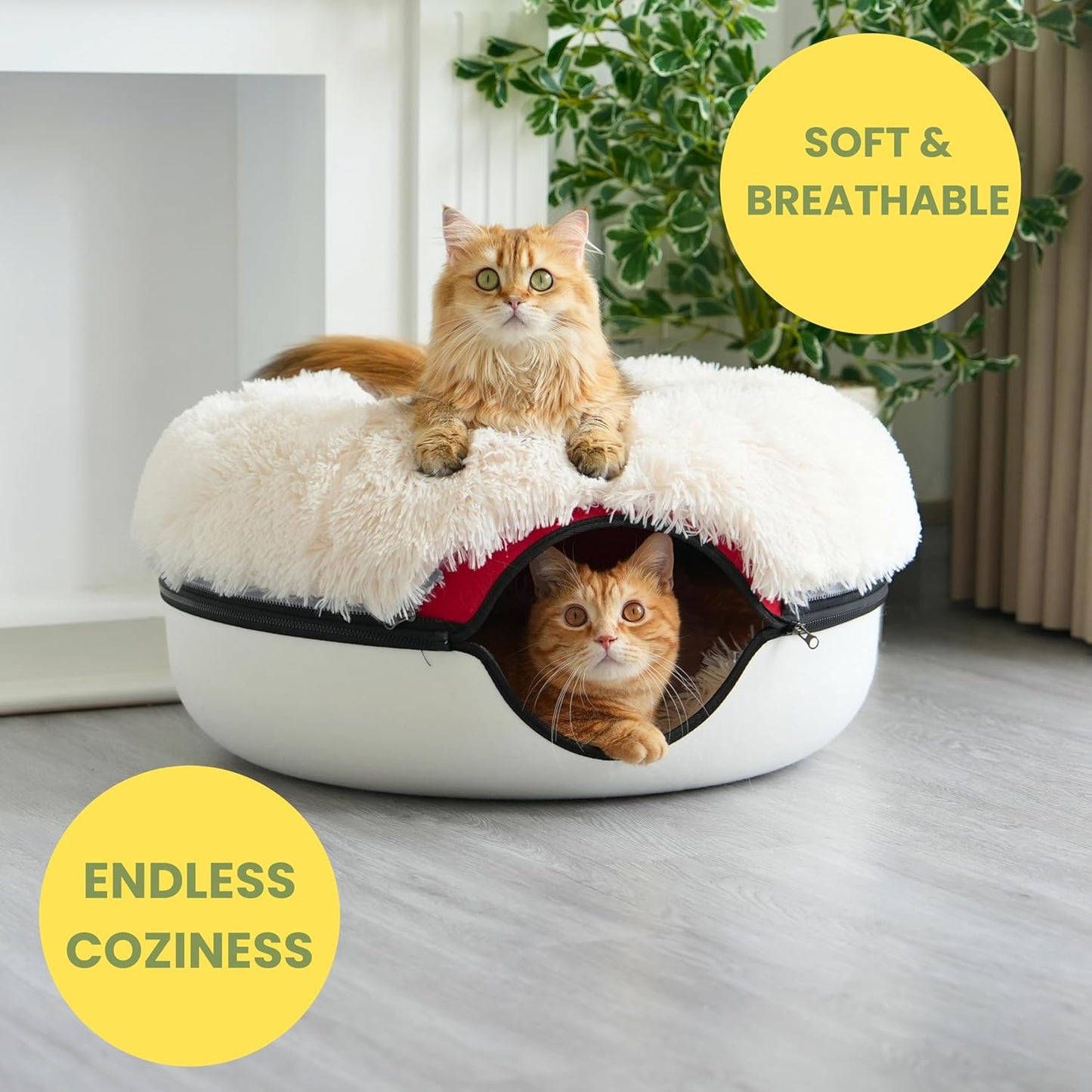 CATTASAURUS Peekaboo Cat Cave for Multiple & Large Cats Up to 30-45 Lbs, Fluffy Cat Beds & Furniture, Scratch Detachable & Washable Tunnel Bed, Comfy Donut Bed (Ruby Snowball, Large (Calming)) - Pet Explorer