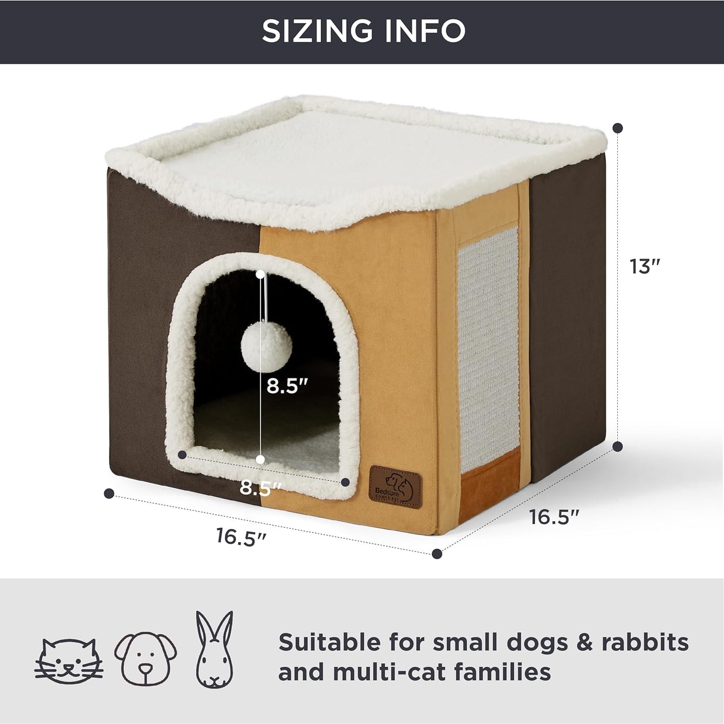 Bedsure Cat Beds for Indoor Cats - Large Cat Cave for Pet Cat House with Fluffy Ball Hanging and Scratch Pad, Foldable Cat Hideaway, 16.5x16.5x13 inches, Burnt Honeycomb - Pet Explorer