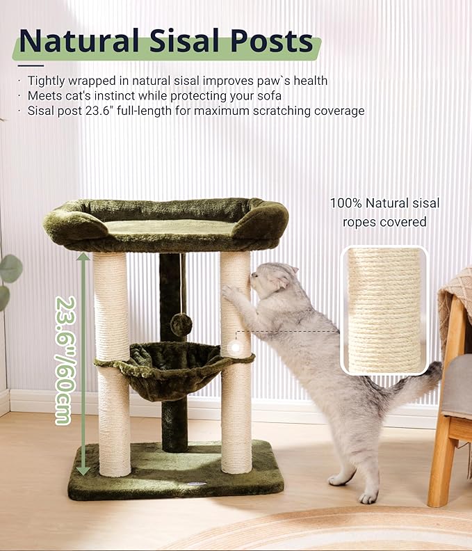 Happi N Pets 28" Cat Tree Tower, Tall Cat Scratching Post with Soft Perch for Window Viewing, Large Bed for Big Cats, Stable & Compact Cat Tower with Hammock, Removable Cover-Green