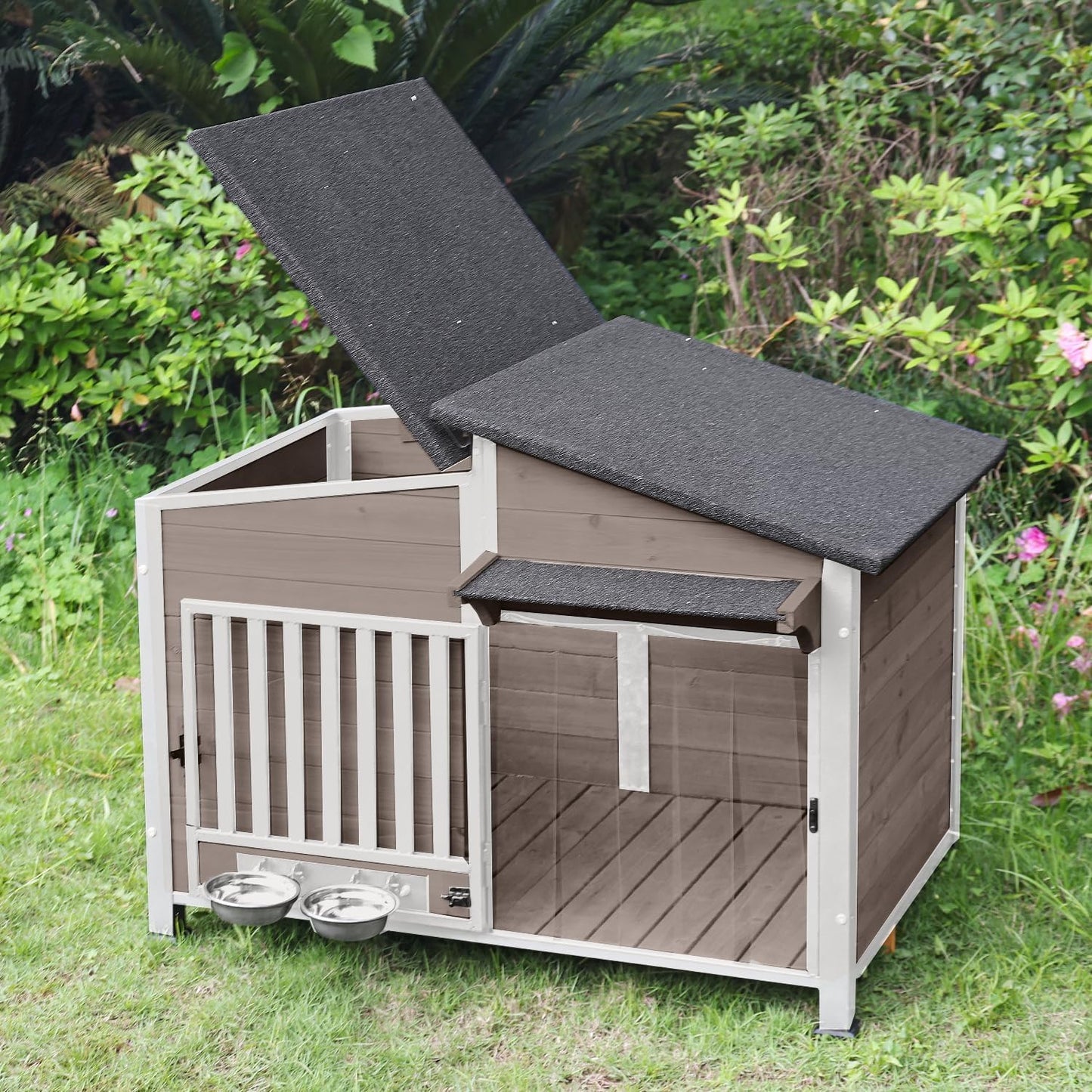 Dog House Outdoor with Bowls Weatherproof Dog Kennel with Anti-Chewing Iron Frame Dog Shelter for Small Medium Dogs(Light Brown) - Pet Explorer