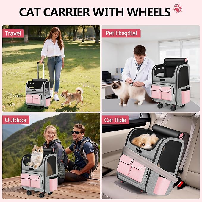 MGB Large Pet Carrier, Foldable Rolling Dog Carrier with Removable Wheels, Cat Rolling Bag 21.3"x15"x12.6" for 2 Cats & 1 Dog for Travel, Outdoor, Vet Visits, Camping, Indoor. Pink. (Not for Airline)