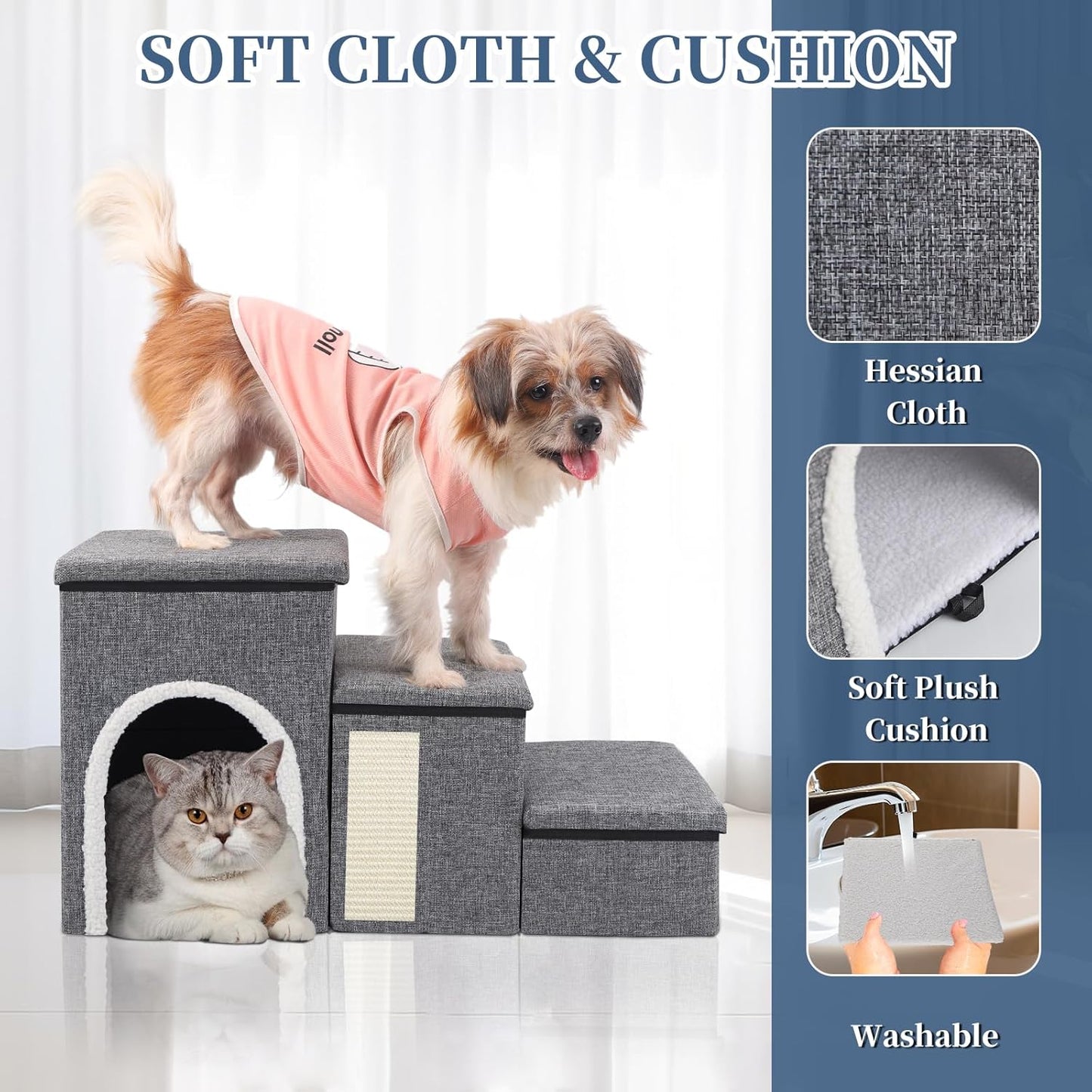 Dog Stairs for High Bed and Couch, 4 IN 1 Foldable Pet Stairs for Cats & Small and Medium Dogs, Adjustable Dog Steps with Pet Climbing Ladders/Cozy Condo/Storage Boxes/Cat Scratcher, Hold Up to 180LBS - Pet Explorer