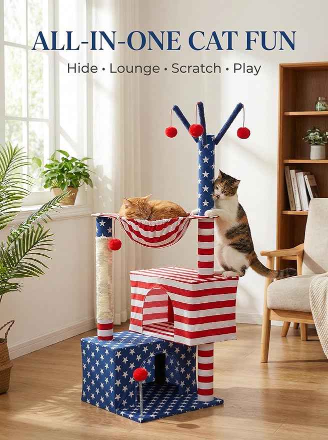 American Flag Cat Tree for Kittens & Senior Cats, 45” Stable Cat Tower Corner Fit, Patriotic Star & Stripes Cat House for Small Spaces with 2 Condos, Hammock & Reinforced Scratching Posts