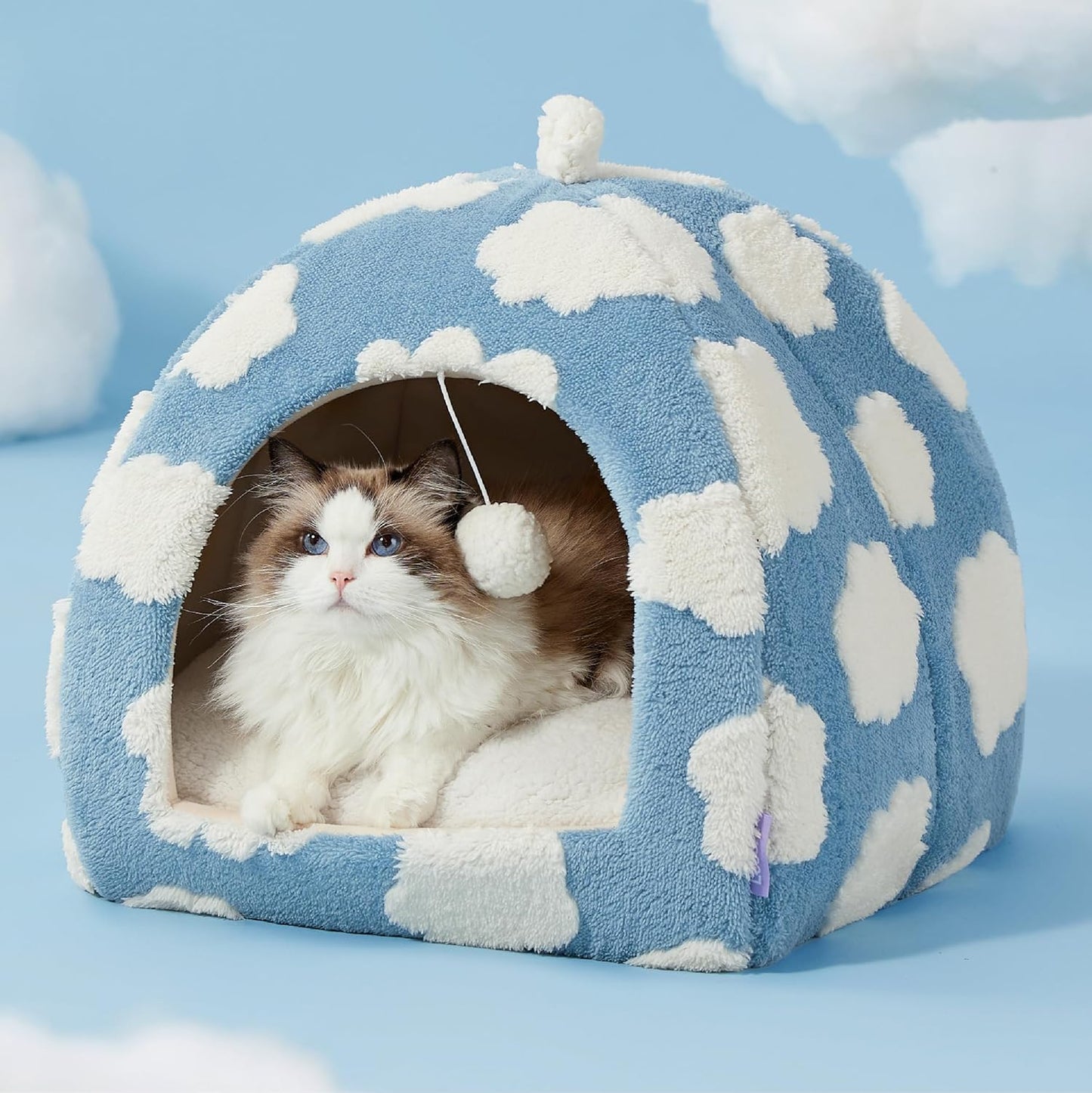 Lesure Cute Cat Beds for Indoor Cats - 2 in 1 Large Cat Cave Bed for Puppy and Small Dog with Removable Washable Cushioned Pillow, Cozy Kitten Tent with Non-Slip Bottom, Blue, 17.3 inches - Pet Explorer
