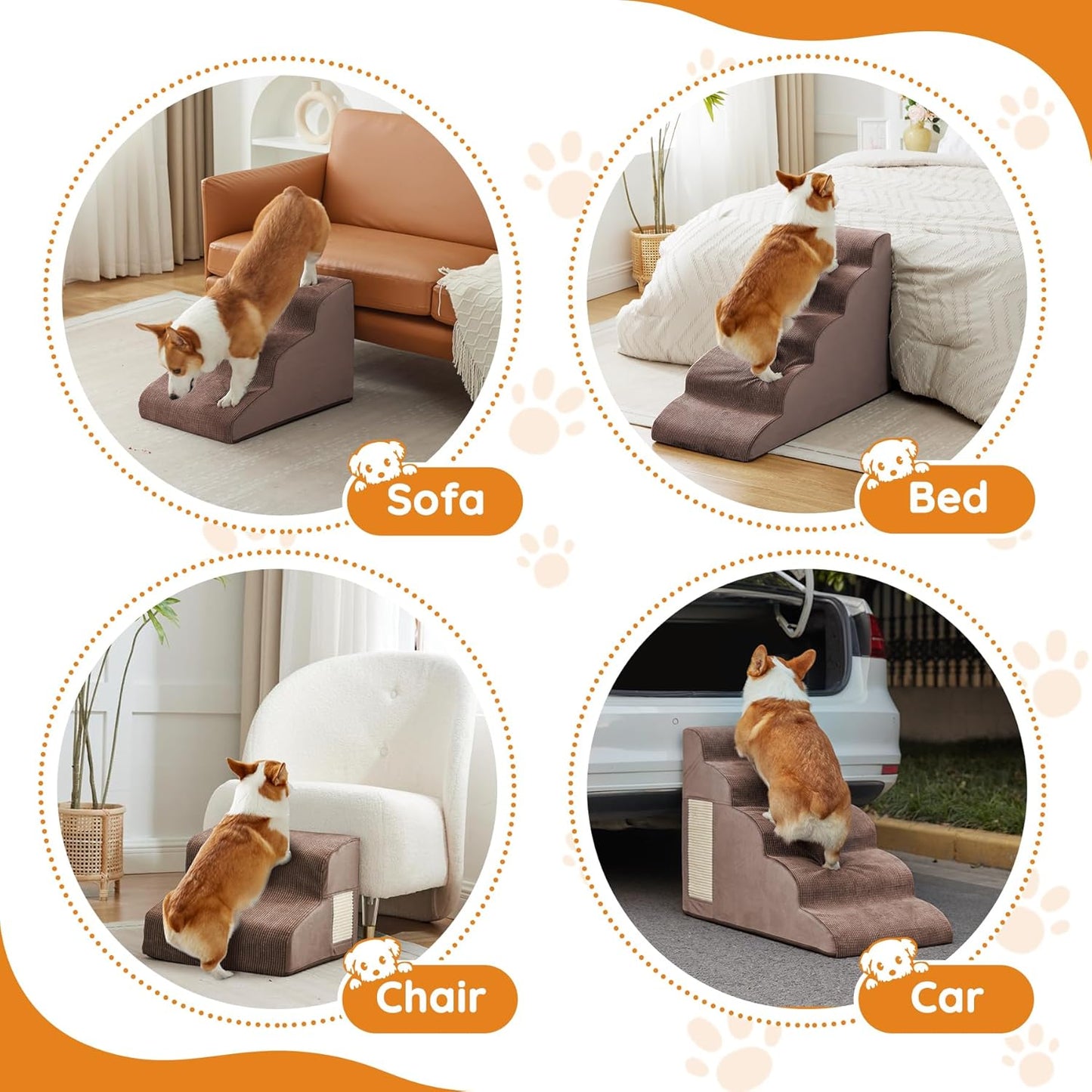 Dogs Steps for Bed, Dog Stairs for Small Dogs, 4-Step Dog Ramp for Bed, Couch, Sofa, and Chairs, Non-Slip Bottom Design, Cat Scratching, High Density Foam Portable Pet Step, Indoor, Coffee - Pet Explorer
