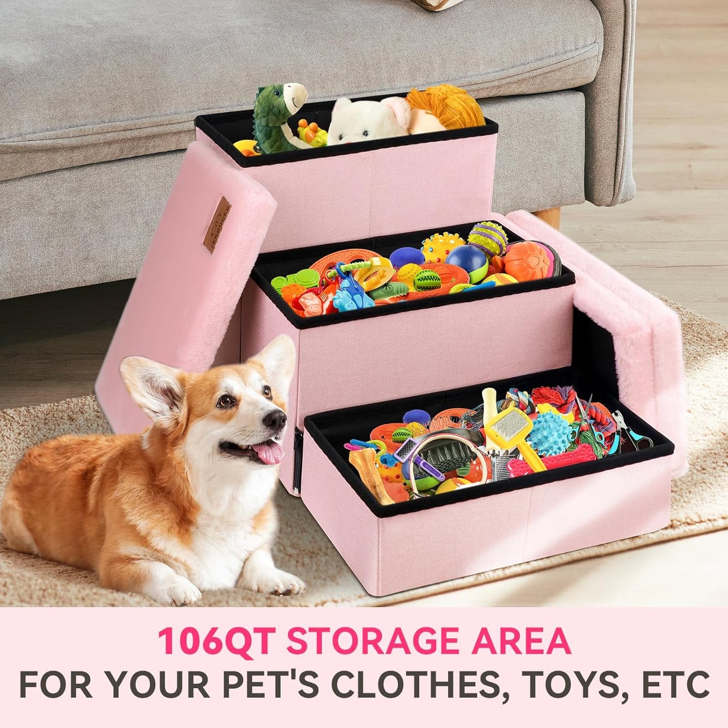 Dog Stairs with Furry Lids 18" H, 3-Step Wider Dog Steps with Storage for Small/Medium/Large Dogs Cats, Folding Sturdy Pet Stairs Climbing Bed or Sofa, Ramp for Car Hold Up to 200 lbs, Pink - Pet Explorer