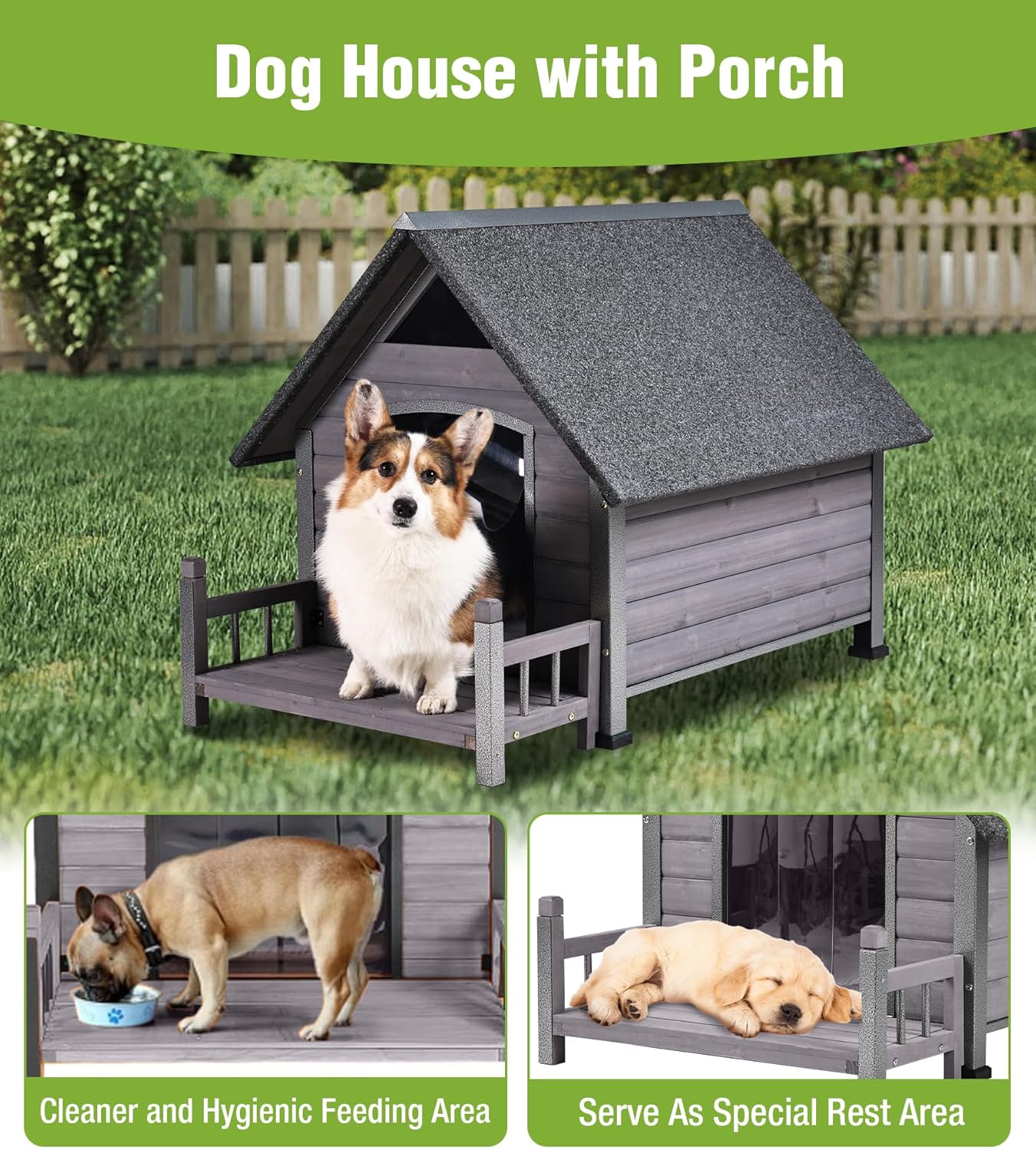 GUTINNEEN Dog House Outdoor Weatherproof with Porch, Puppy Shelter Indoor with Anti-Bite Design, PVC Curtain, Asphalt Roof, Elevated Waterproof Base, for Small to Medium Dogs - Grey - Pet Explorer