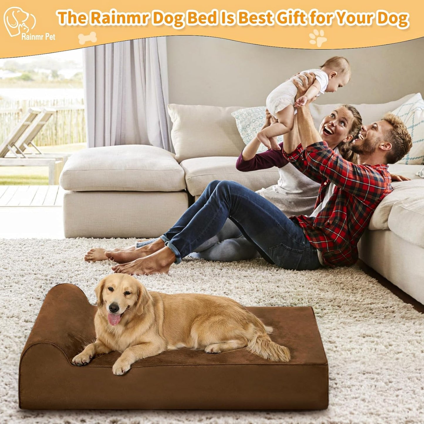 Large Orthopedic Dog Bed, 7" Memory Foam with Waterproof Liner, Chew Resistant Microsuede Cover, Removable and Washable, for Indoor, Outdoor, and Car Use, Nonskid Base, 48"x30" L Brown