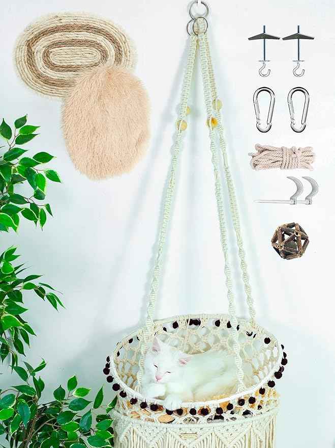 KARCEEY Macrame Cat Hammock - Hanging Cat Bed for Wall & Window - Boho Swing with Full Hardware Kit & Nip Toy - Stable Heavy Duty Design for Large & Senior Felines up to 60lbs