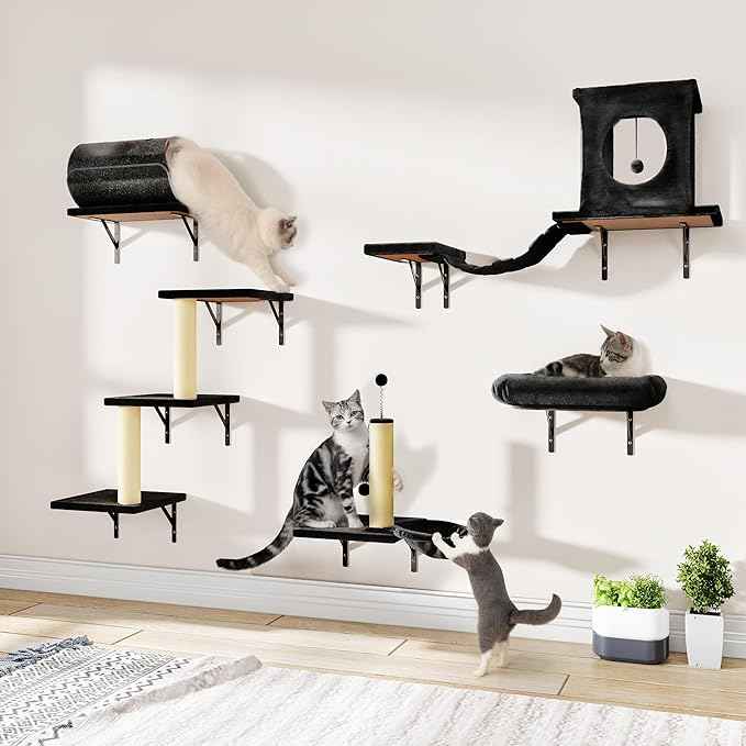 NUNU LAB Wall Mounted Cat Wall Shelves, 14-in-1 Cat Wall Climber with Bridge, Tunnel, House, Scratcher, Steps, Indoor Space-Saving Furniture for Kittens Play, Black