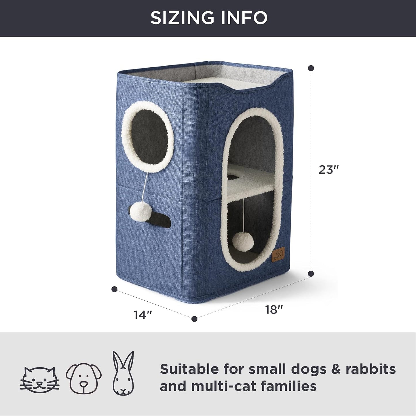 Bedsure 2 Story Cat House - Cat Condos for Indoor Cats with Scratch Pad and Fluffy Ball Hanging, Small Pet Cave Furniture Hideaway for Multi Pets, 18x14x23 inches, Blue - Pet Explorer