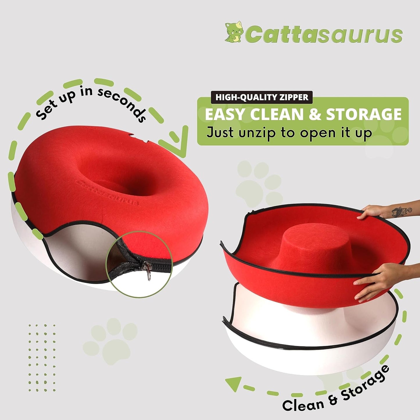 CATTASAURUS Peekaboo Cat Cave for Multiple & Large Cats Up to 30-45 Lbs, Scratch Detachable & Washable Tunnel Bed, Comfy Donut Cat Cave (Ruby Snowball, Large) - Pet Explorer
