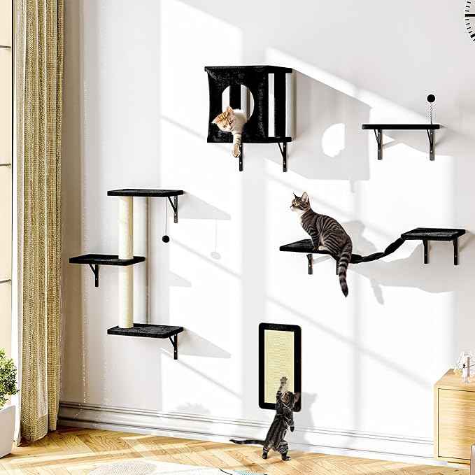 NUNU LAB Wall Mounted Cat Wall Shelves, 10-in-1 Cat Wall Climber with Kitten House, Bridge, Steps, Scratcher, Indoor Space-Saving Furniture for Kittens Play, Black