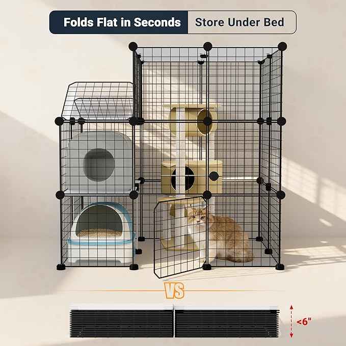 3-Tier DIY Indoor Cat Cage with Skylight, Accommodates Multiple Pets; Foldable Large Cat Cage Enclosure (with Litter Box Area); 43.7-Inch Metal Wire Cat Bed Habitat
