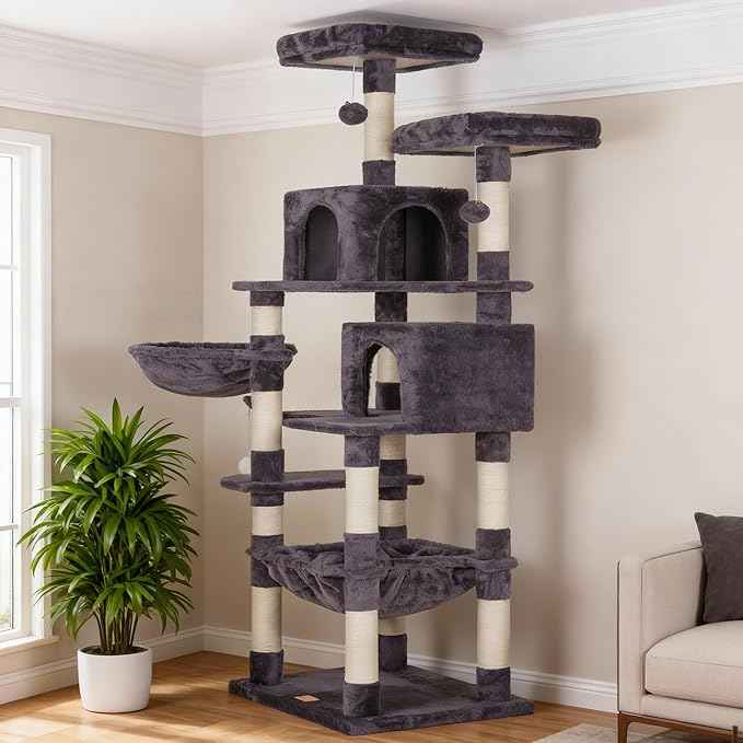 Heybly Cat Tree, 70 inches Tall Cat Tower Condo with Toy for Indoor Large Cats, Cat House Furniture with Padded Plush Perch, Cozy Hammock and Sisal Scratching Posts, Smoky Gray HCT032G