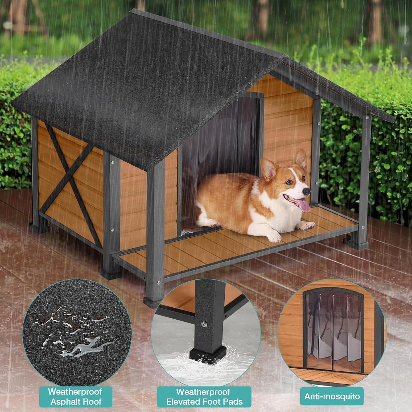 Outdoor Dog House,Weatherproof Wooden Dog Shelter for Medium and Large Sized Dogs,Iron Frame Indoor Outdoor Kennel,Pets Warm House in Winter with Large Porch (34.25"D x40.59"W x 31.5"H -IN) - Pet Explorer