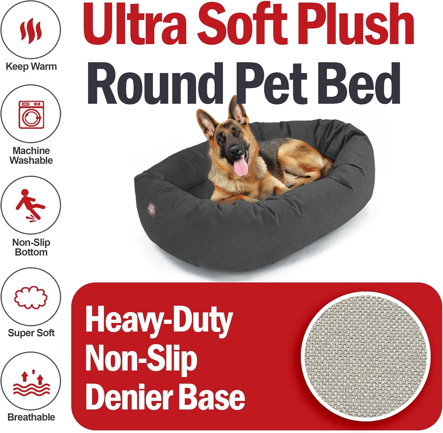 Majestic Pet 52 Inch Suede Shredded Memory Foam Mix Calming Extra Large Dog Bed Washable 52 x 35 x 11 (Inch) - Cozy Soft Round Donut Dog Bed with Spine for Head Support - Pet Bed Gray - Pet Explorer