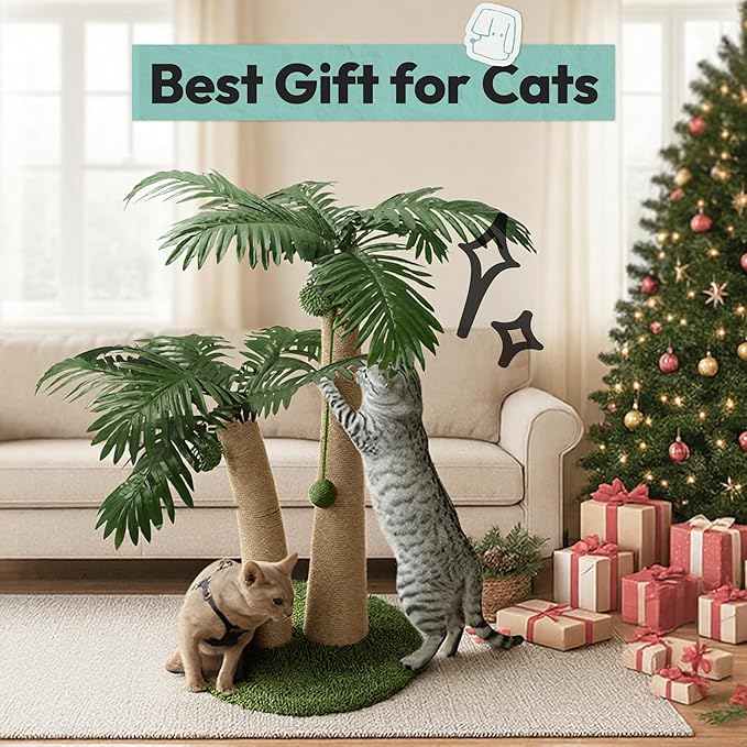 Cat Scratching Post 33 Inch Double Post Support with Hanging Balls, Cat Scratcher for Indoor Kittens, Extra Stable Base, Paw-Friendly Jute Material M