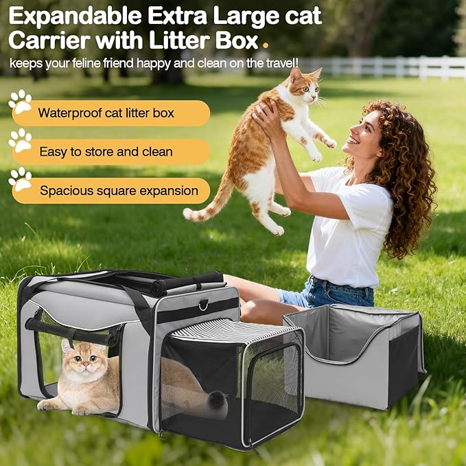 Extra Large Cat Carrier for Car Travel, Expandable Cat Carrier with Litter Box, 24"x17"x16" Soft-Sided Pet Carrier for Road Trip, Pet Carriers for 1 Large / 2 Medium Cats Under 45lbs(Grey)