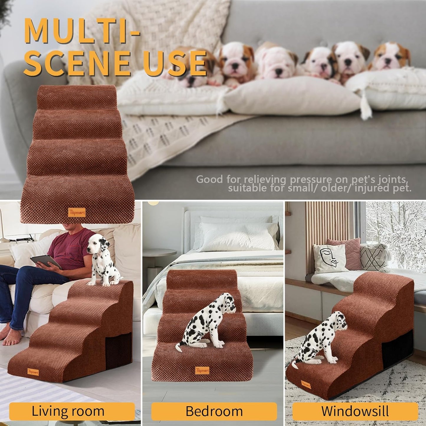 Topmart High Density Foam Dog Steps 4 Tiers,Extra Wide Deep Pet Steps,Non-Slip Dog Stairs Ramp for Bed,Soft Foam Cat Ladder,Best for Older Injured,Older Pets,Cats with Joint Pain - Pet Explorer
