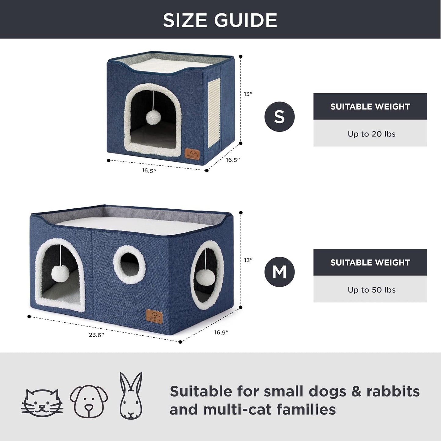 Bedsure Large Cat Beds for Indoor Cats - Extra Wide Cat Cube House for Small Pet with Fluffy Ball Hanging and Scratch Pad, Foldable Pet Cave Hideaway for Multiple Cats, 23.6x16.9x13 inches, Blue - Pet Explorer