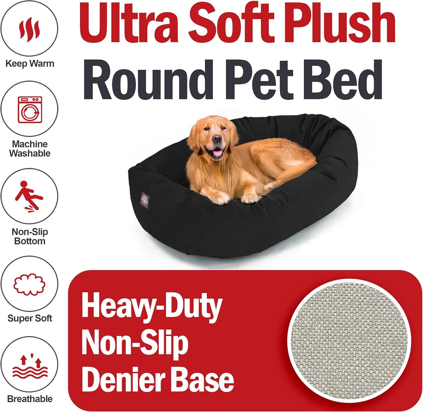 Majestic Pet 40 Inch Suede Shredded Memory Foam Mix Calming Large Dog Bed Washable 40 x 29 x 9 (Inch) - Cozy Soft Round Donut Dog Bed with Spine for Head Support - Pet Bed Black - Pet Explorer