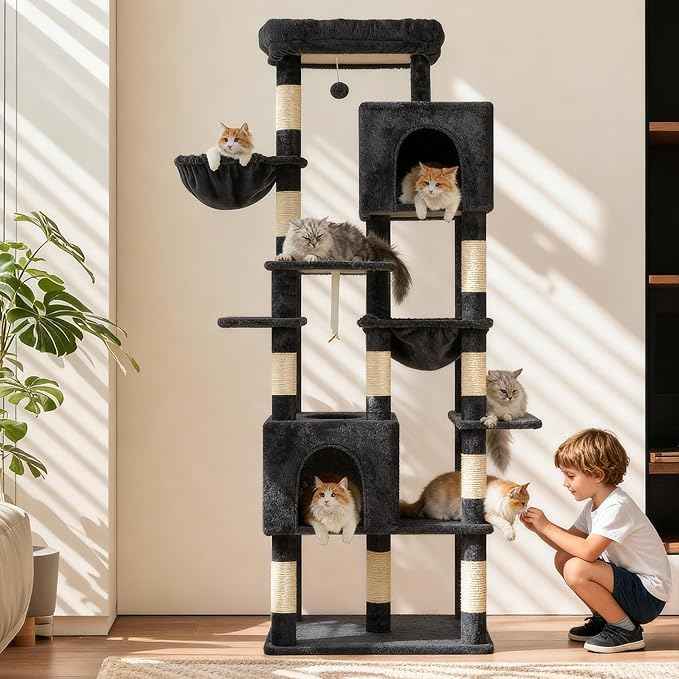 Heybly Cat Tree, 76-Inch Tall Heavy Duty Cat Tower for Big Cats with Extra Wide Baseboard, Multi-Level Large Cat Furniture with 2 Condos & 2 Hammocks, 10 Scratching Posts, Smoky Gray HCT039G