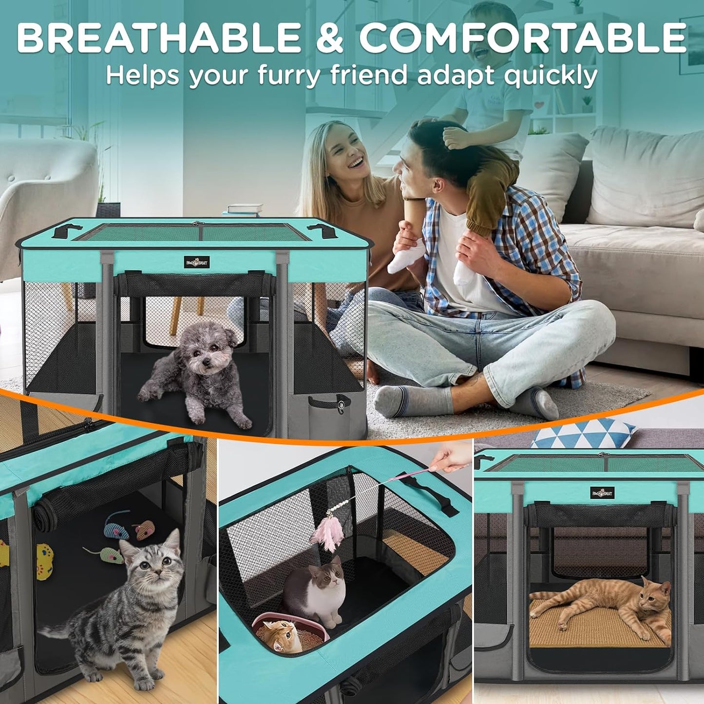 Foldable Pet Kitten Playpen, Waterproof Portable Pet Cat Dog Playpen Kennel Tent for Small Dog Cat, Removable Shade Cover, Come with Free Carrying Case, Indoor Outdoor Use for Small Animals, BlackTeal - Pet Explorer