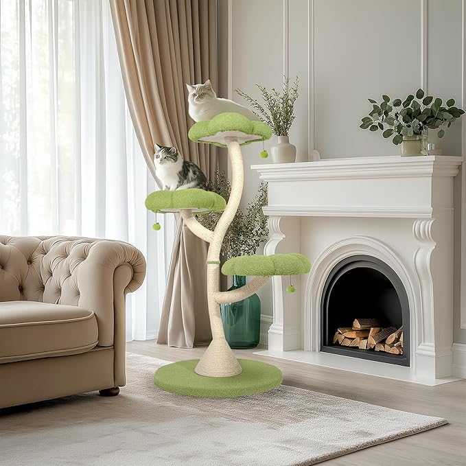 FKWin 48" Tall Cat Tree,Flower Shape Design,Scratching Post Condo,Multi-Level Furniture Activity Center,Kittens Pet House Play with Hang Ball,Plush Cat Tower for Large Cats (Green-3 Tiers)