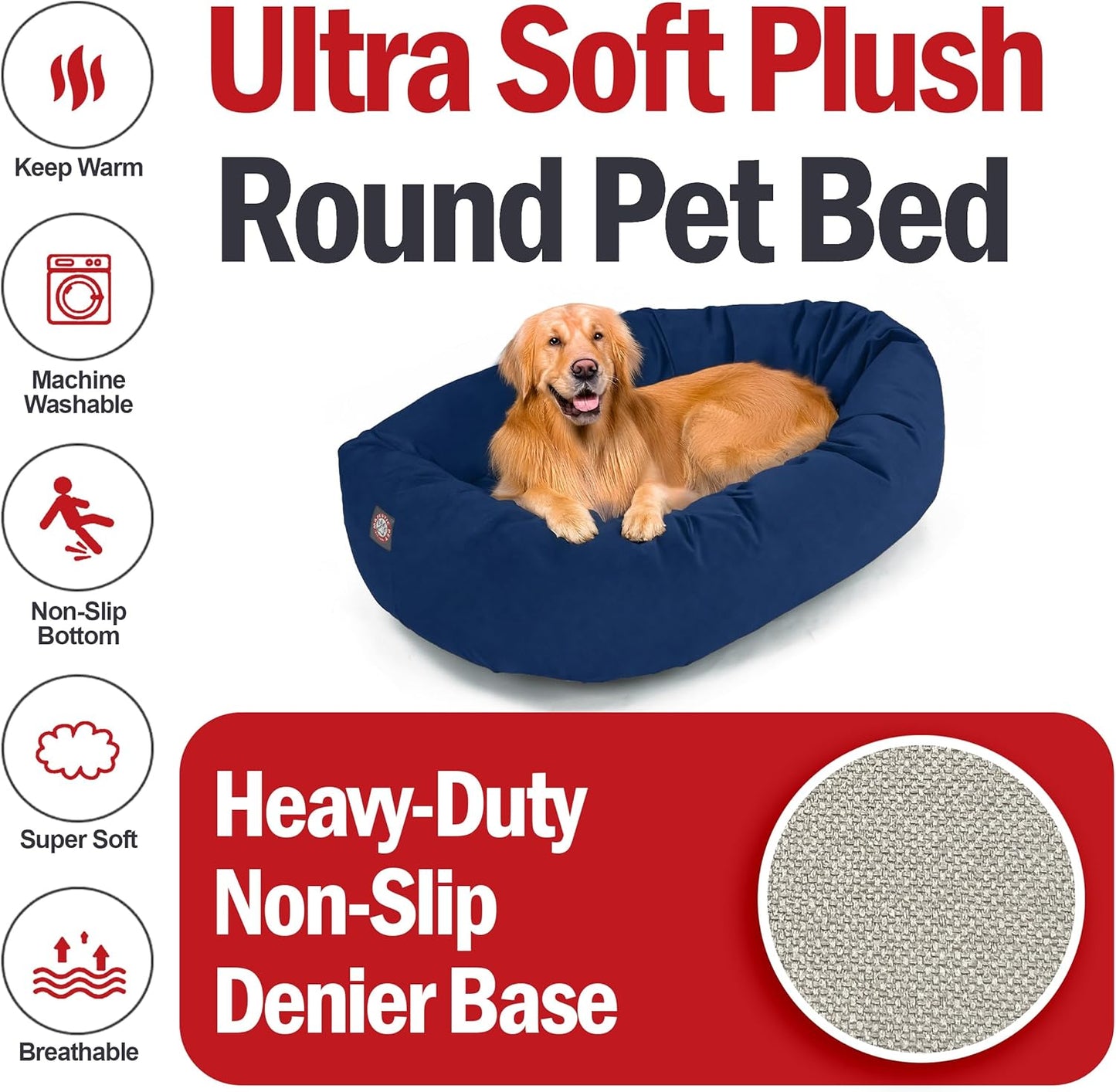 Majestic Pet 40 Inch Suede Calming Dog Bed Washable 40x29x9 (Inch) – Cozy Soft Round Donut Dog Bed with Spine Support for Dogs to Rest Their Head - Pet Bed Large – Navy (2025) - Pet Explorer