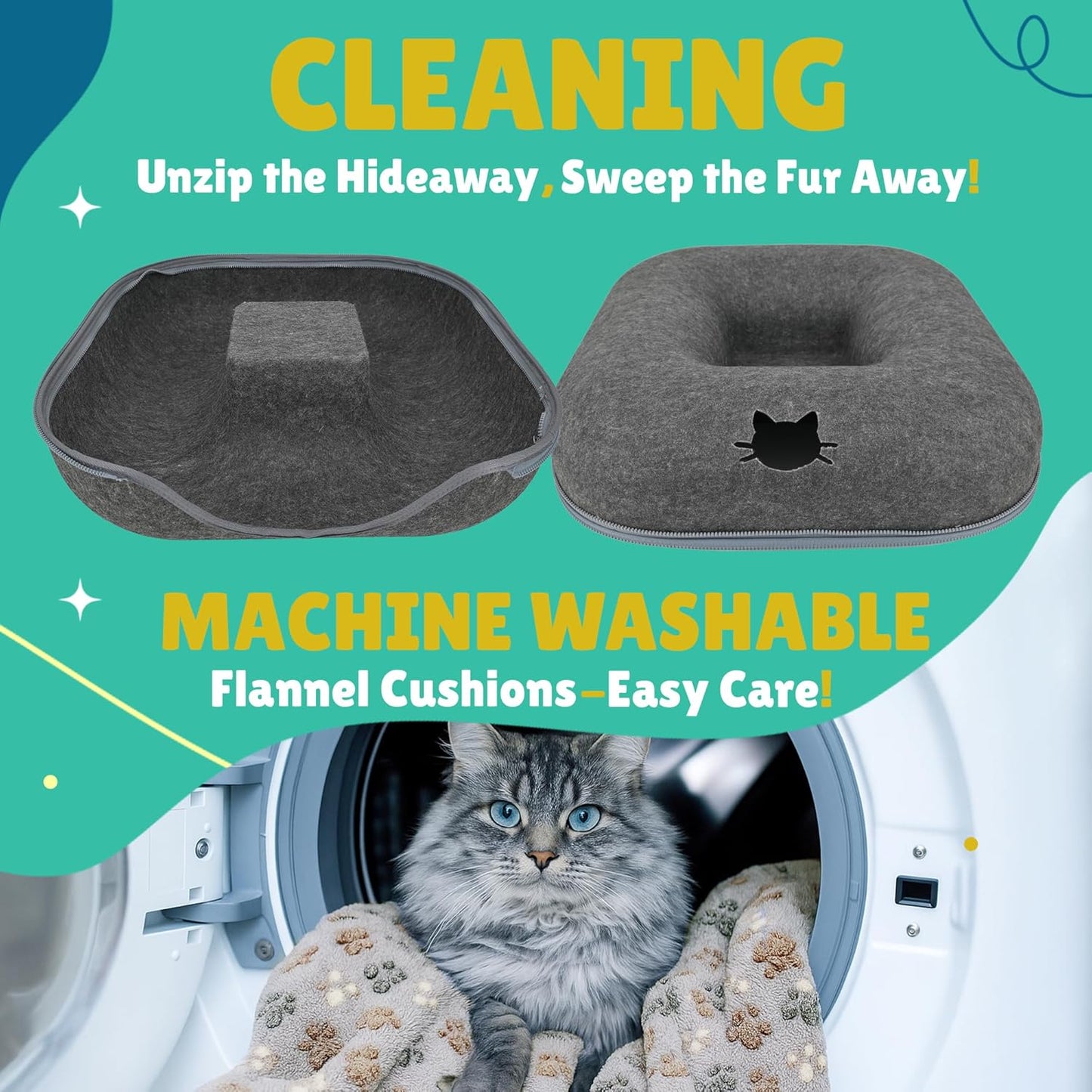 RINGTAIL Peekaboo Cat Cave - Cat Caves for Indoor Cats, Cat Donut Tunnel Bed, Kitten Beds Felt, Cat Bed Cave Square with Two Fluffy Fleece Cushion, Nest Cove Scratch-Resistant Detachable & Washable - Pet Explorer