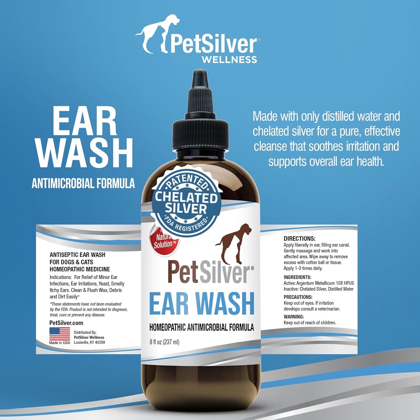 PetSilver Ear Cleaner for Dogs & Cats – Gentle Otic Rinse with Chelated Silver Formula – Supports Clear, Comfortable Ears – Easy to Use – Thoughtfully Made in The USA with Care – 8 fl oz - Pet Explorer
