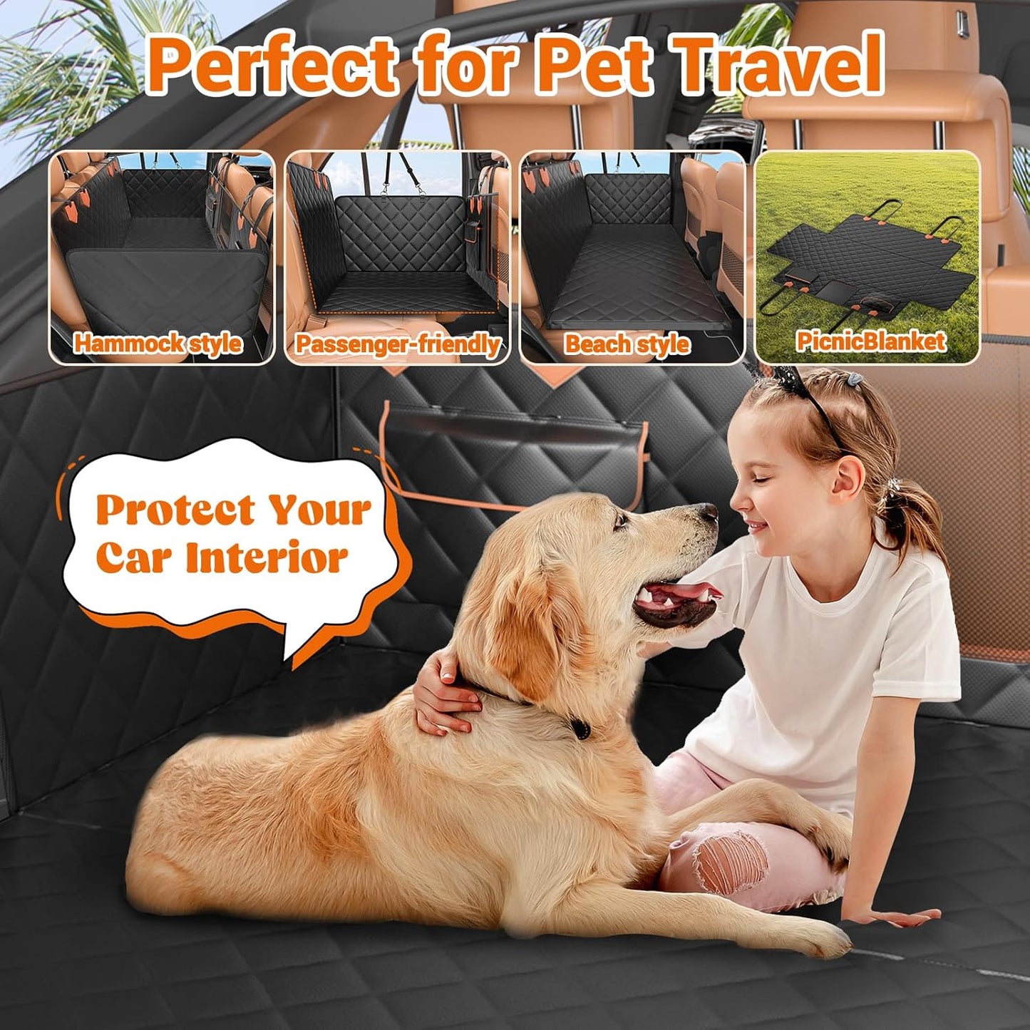 Back Seat Extender for Dogs Hard Bottom Holds 500lbs,Waterproof Dog Car Seat Cover for Back Seat, Truck-Large Space Dog Hammock for Truck - Pet Explorer