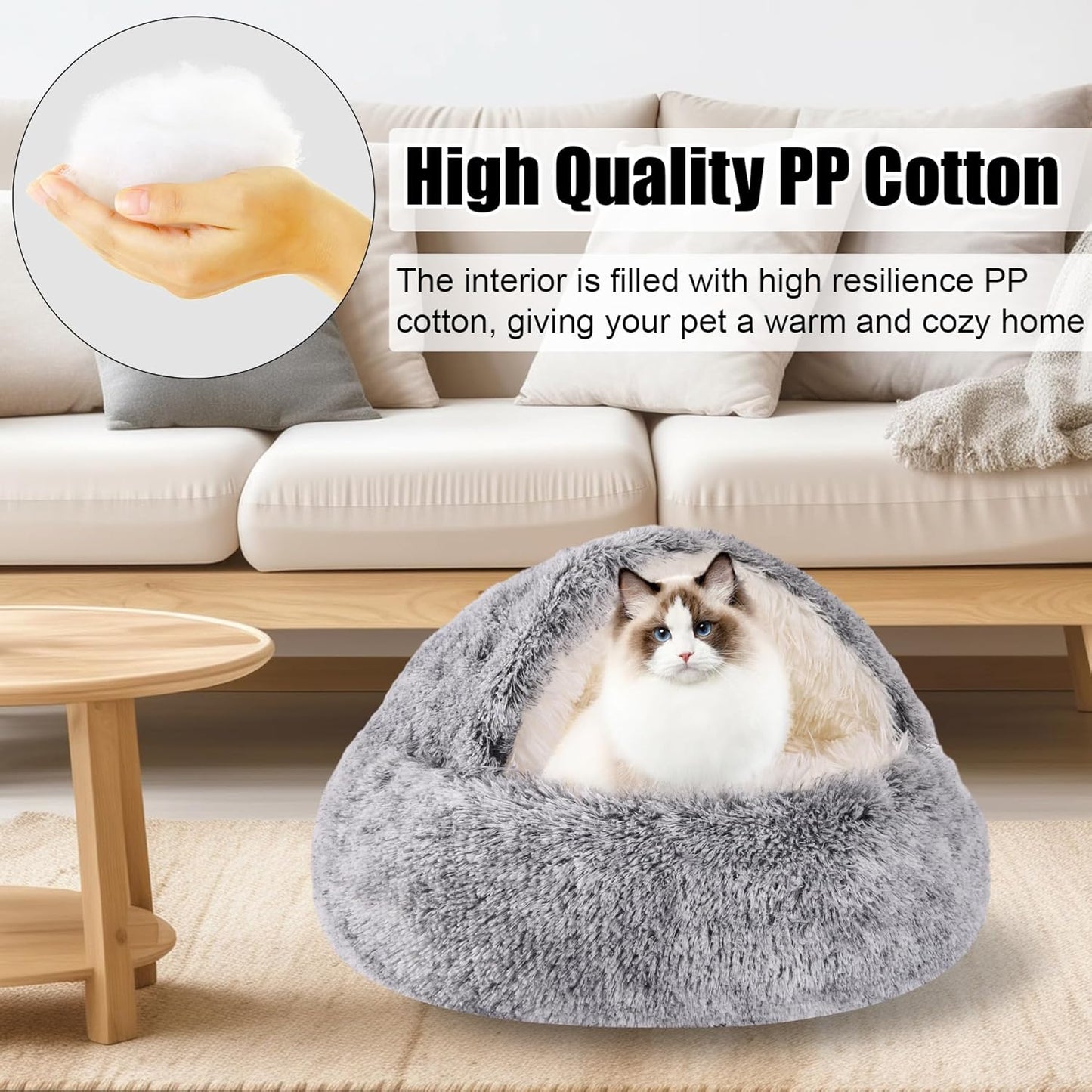 HYQ Small Dog Bed with Cover Cave, Cat Beds for Indoor Cats Washable, Cozy Cat Cave Bed, Round Puppy Bed with Hooded Cover, Dog Beds for Small Dogs with Anti-Slip Bottom (Grey, 20×20 Inch) - Pet Explorer