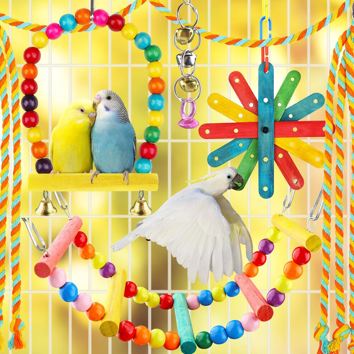 8 pcs Bird Toys for Parakeets with Colorful Ladder Hammock Bird Cage Accessories Bird Perch Stand Chewing Toys Hanging Bell Parrot
