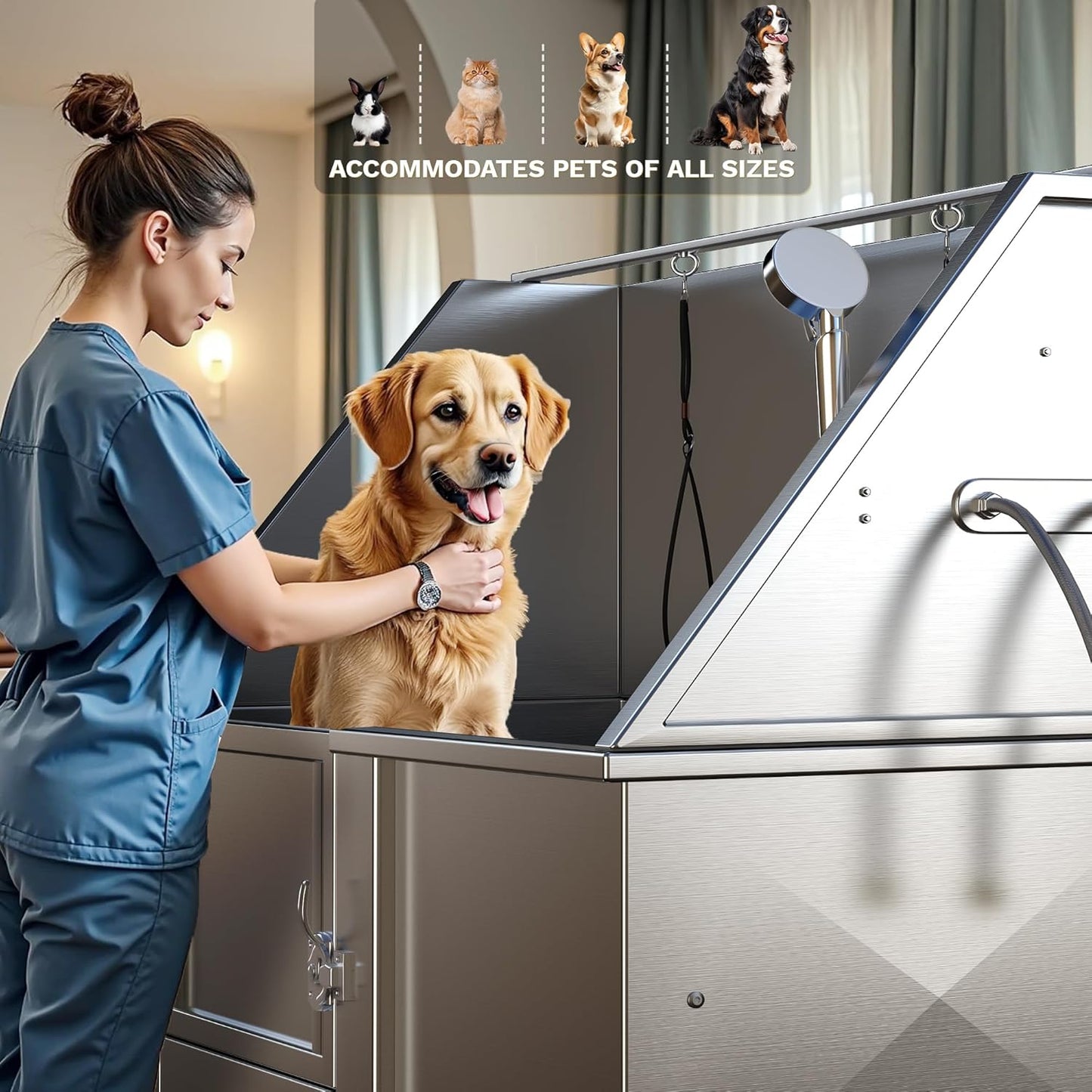 DWVO Professional Pet Dog Bathing Station for Grooming, 50'' Dog Grooming Bathtub with Left Ramp, Floor Grate, Faucet, Showerhead & Soap Holder for Large, Medium & Small Pets - Pet Explorer