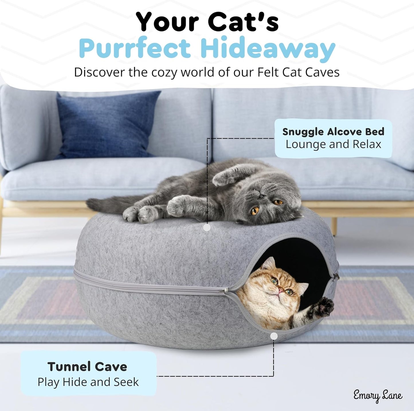 Emory Lane - Premium Cat Cave for Small Pets, Multifunctional Donut Tunnel Bed for Indoor Pets, Round Felt Pet Cave with Premium Zipper, for Pets up to 40 Lbs (24x24x11 Inch) (Light Gray) - Pet Explorer