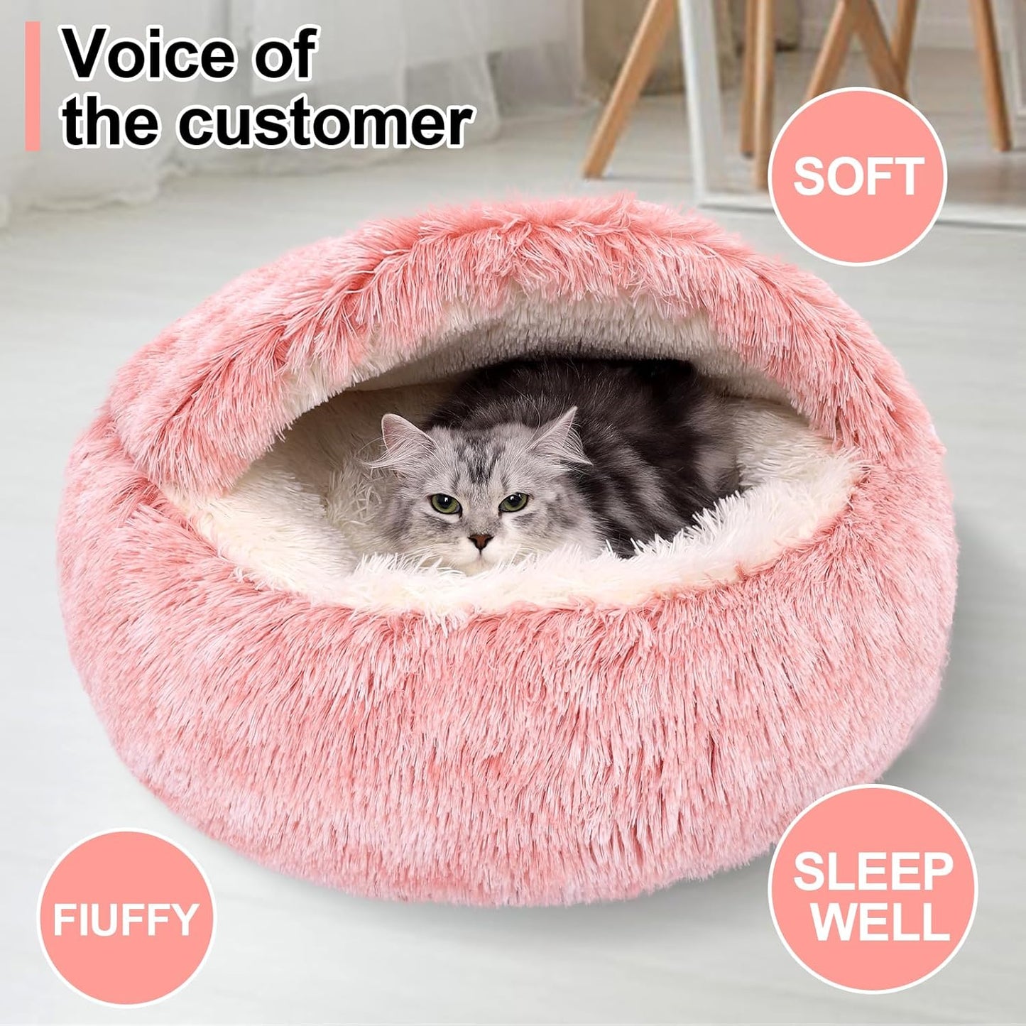 Calming Bean Mush Beds & Cat Cave with Hooded Cover, Removable Washable Round Beds for Small and Medium Pets, Anti-Slip Faux Fur, Fits Up to 15/25 lbs - Pet Explorer