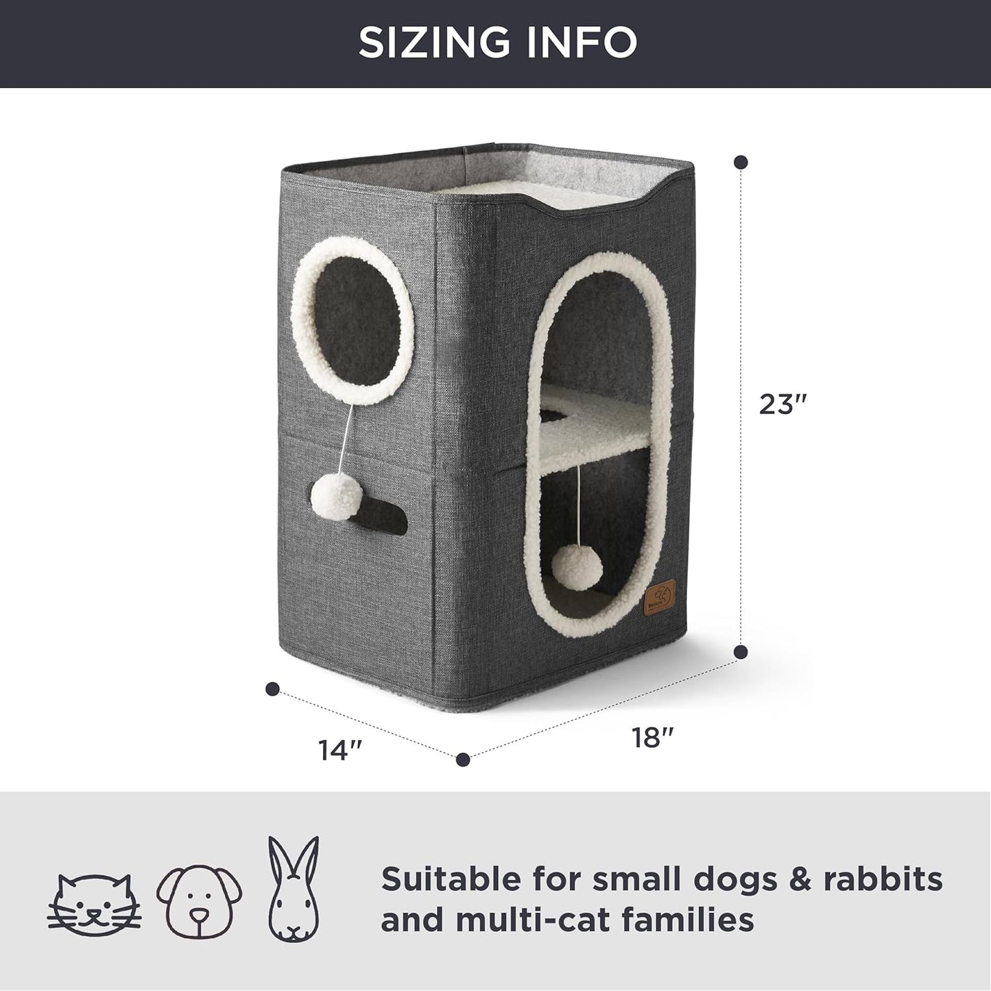 Bedsure 2 Story Cat House - Cat Condos for Indoor Cats with Scratch Pad and Fluffy Ball Hanging, Small Pet Cave Furniture Hideaway for Multi Pets, 18x14x23 inches, Dark Grey - Pet Explorer