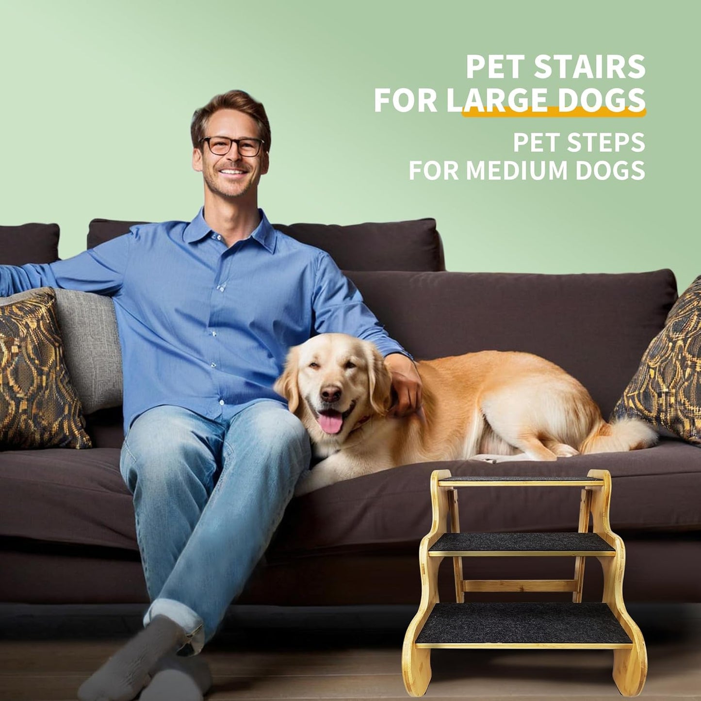 Dog Steps for Bed,24 Inches 5 Step Dog Stairs for Senior Pets to Get On 30 Inches High Beds/Car,Made of Bamboo Can Support Large Dogs Weighing Up to 160 LB - Pet Explorer