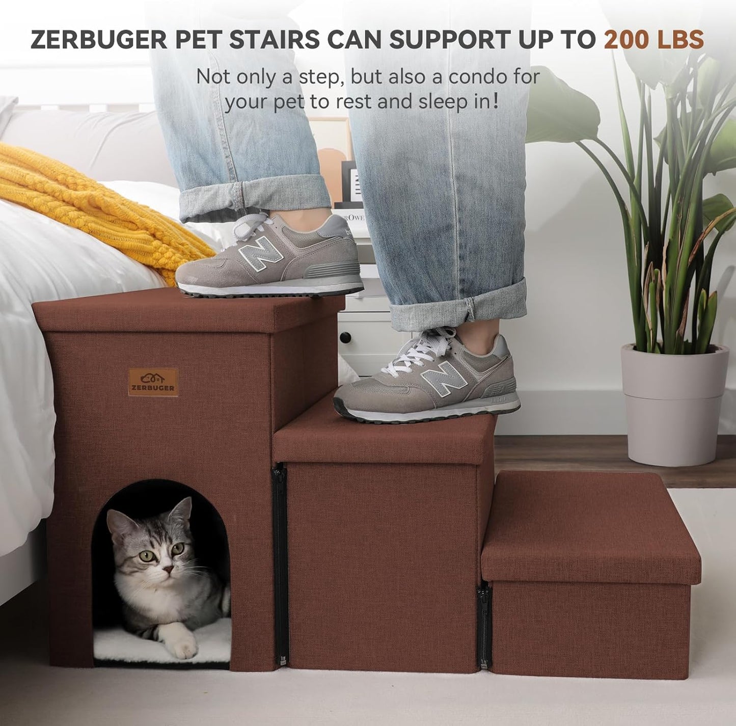 Dog Stairs with Condo 18" H, 3-Step Wider Dog Steps for High Beds Couch, Folding Storage Pet Stairs Gift for Small/Medium/Large Old Dogs Cats, Ramp for Climbing Car Up to 200 lbs, Brown - Pet Explorer