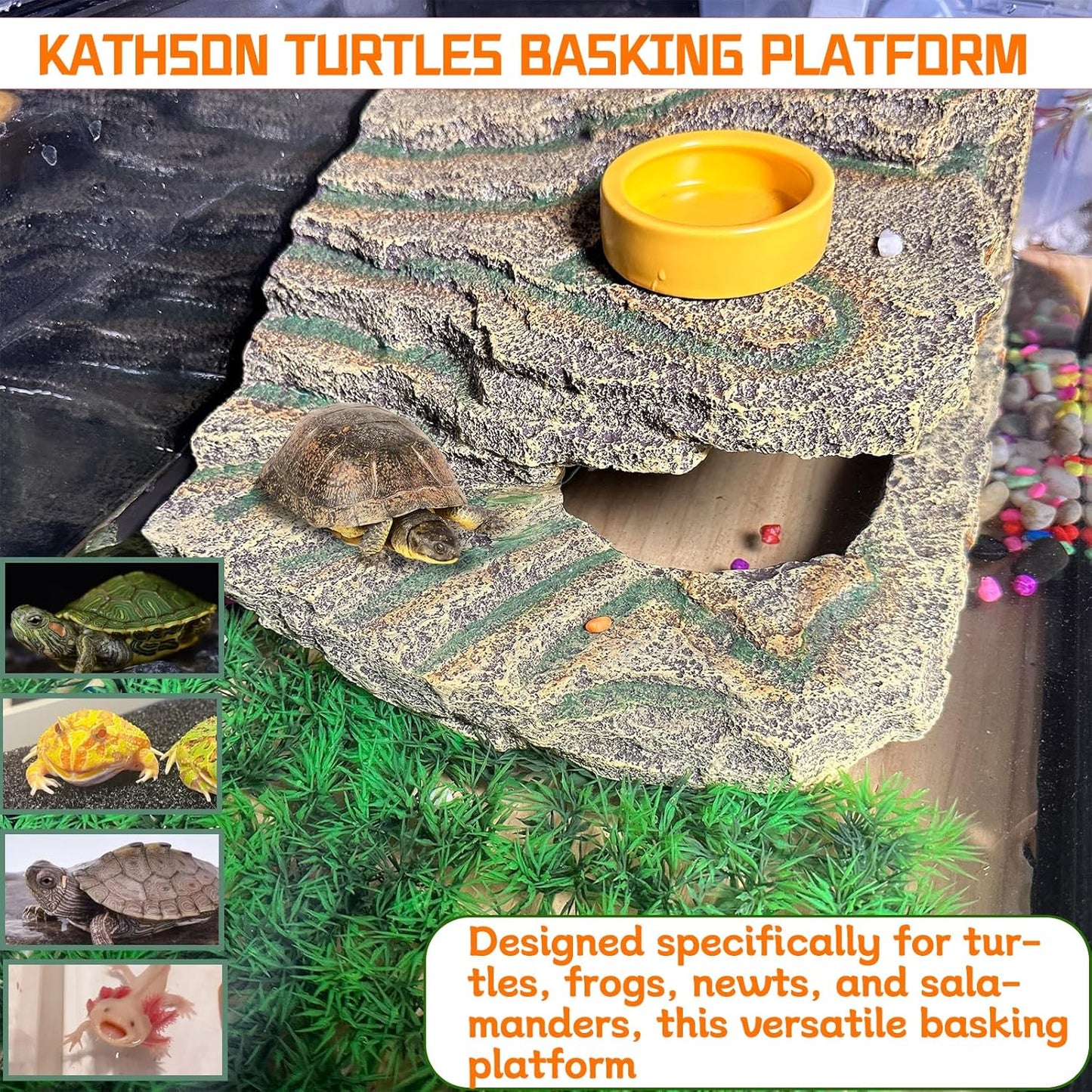 kathson Turtles Basking Platform,Large Tortoise Resting Terrace Climbing Ramp,Reptile Hiding Cave Hideouts,Resin Dock Tank Decorations for Aquatic Turtles Newts Salamanders Lizard Frogs - Pet Explorer