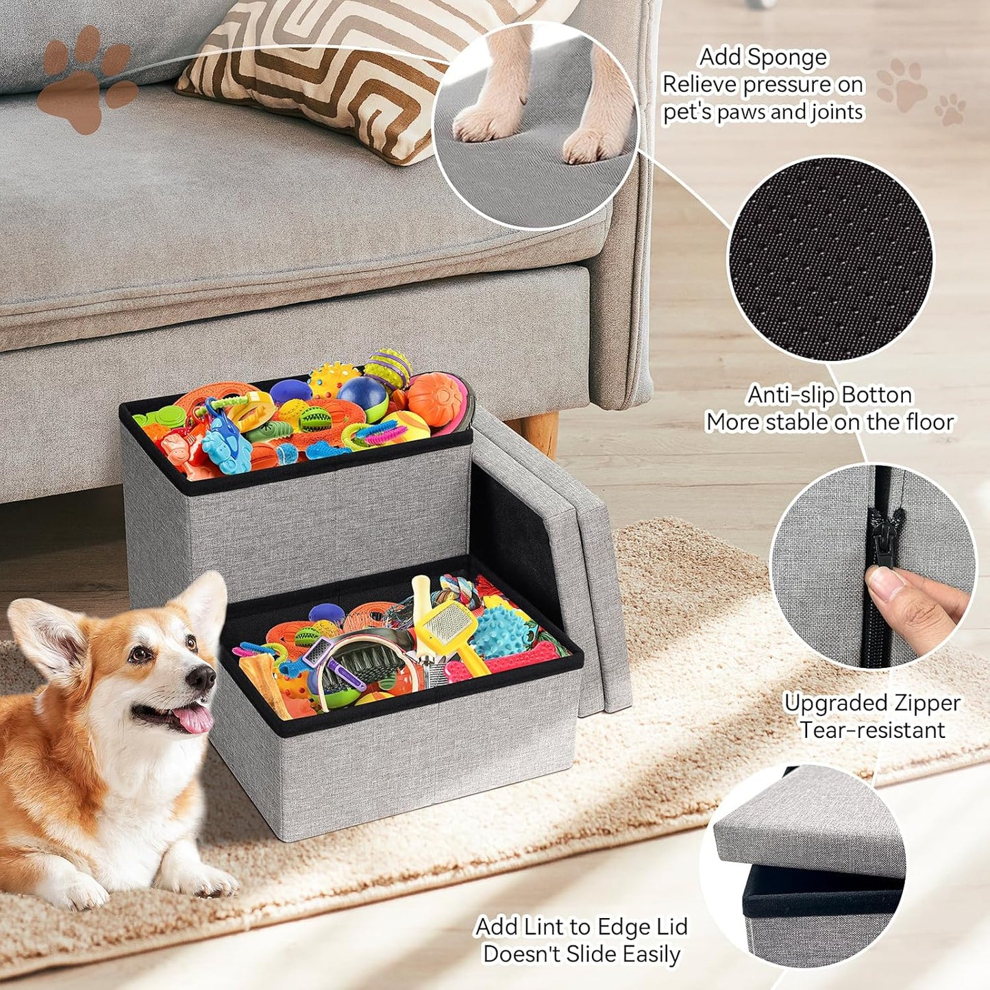 Dog Stairs with Storage 12" H, 2-Step Wider Dog Steps for Dogs Cats, Folding Sturdy Pet Stairs Climbing Sofa Couch, Ramp for Car Hold Up to 150 lbs (Gray, No Condo) - Pet Explorer