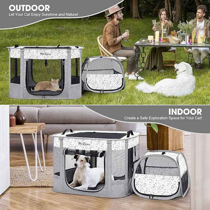 Portable Cat Playpen with Litter Box, Cat Enclosure for Camping, Cat Recovery Playpen After Surgery, Foldable Indoor Outdoor Pet Tent for Cats Rabbits Puppies (Light Gray)